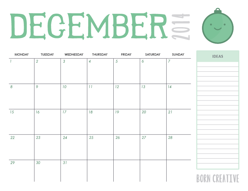 Free December 2014 Calendar Printable